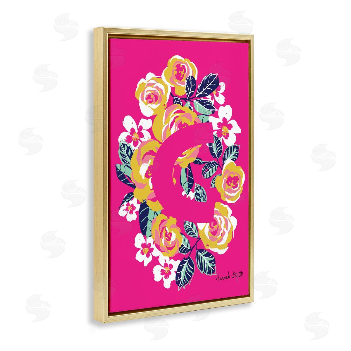 Floral Bloom Letter C Gold Floating Frame Canvas Wall Art, Home Decor by Hannah Louise Byatt