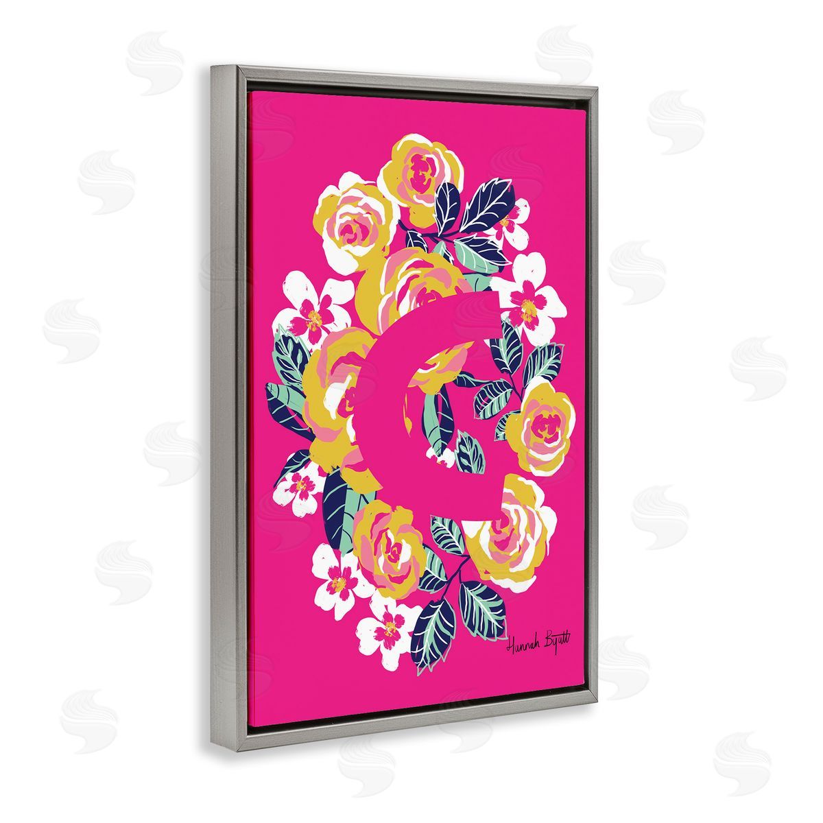 Floral Bloom Letter C Grey Floating Frame Canvas Wall Art, Home Decor by Hannah Louise Byatt