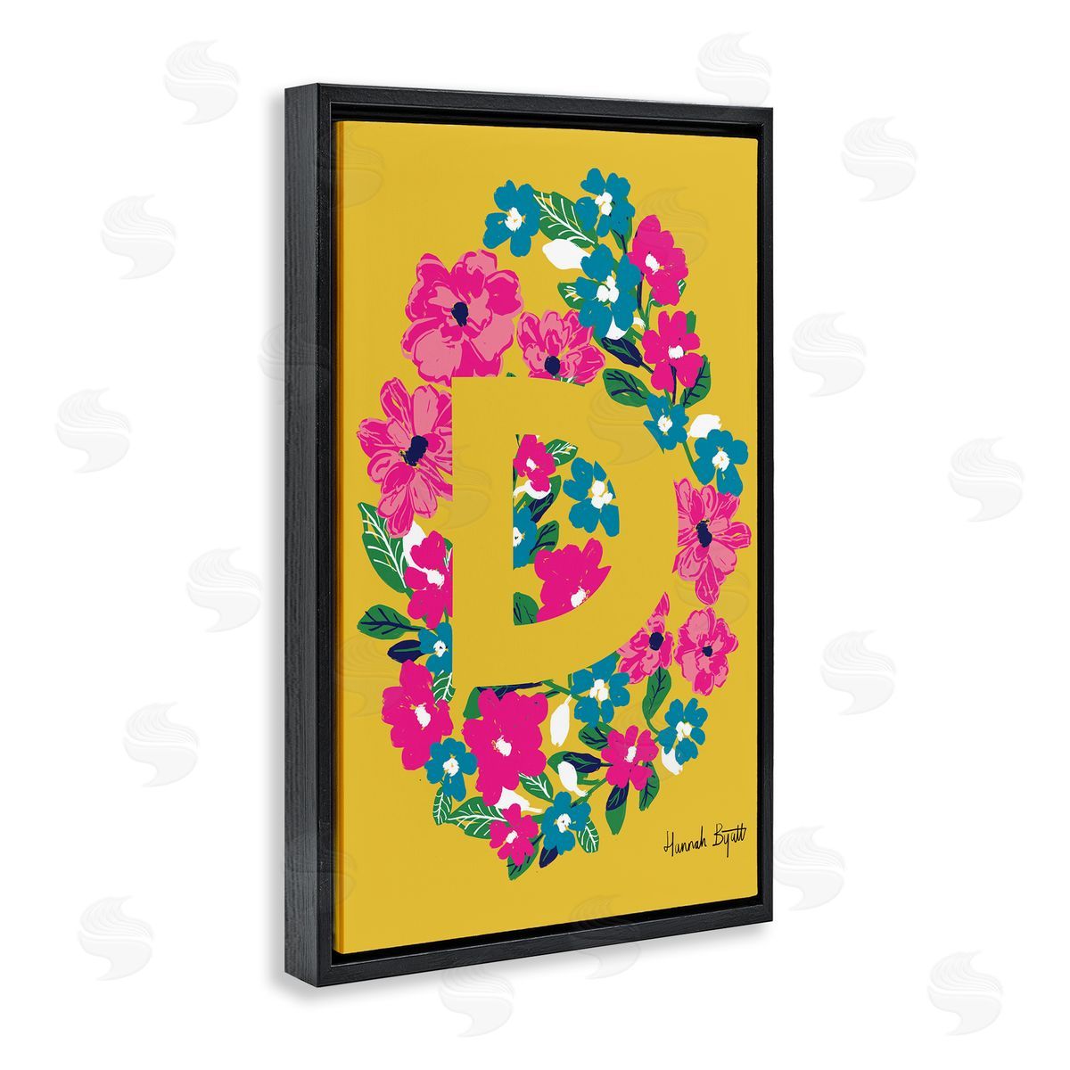 Floral Bloom Letter D Black Floating Frame Canvas Wall Art, Home Decor by Hannah Louise Byatt