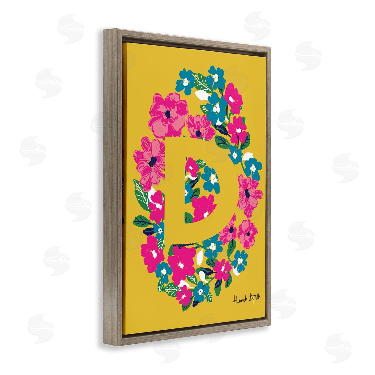 Floral Bloom Letter D Brown Floating Frame Canvas Wall Art, Home Decor by Hannah Louise Byatt