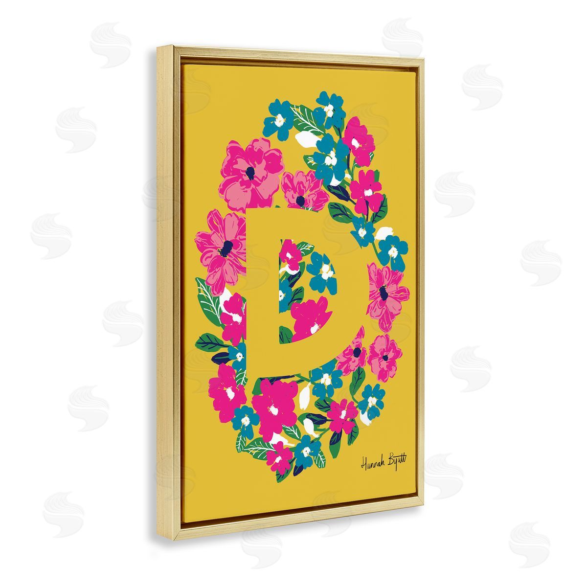 Floral Bloom Letter D Gold Floating Frame Canvas Wall Art, Home Decor by Hannah Louise Byatt