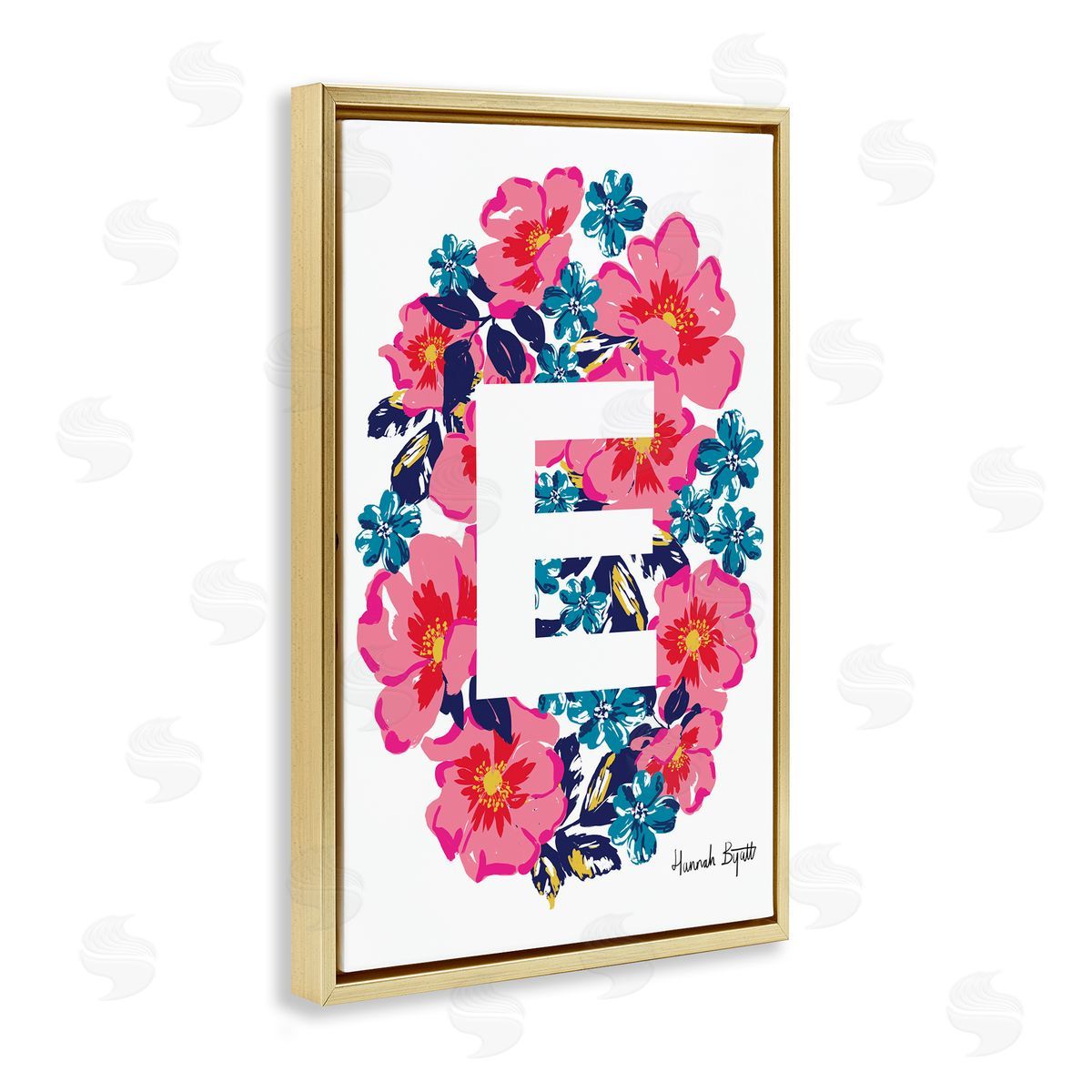 Floral Bloom Letter E Gold Floating Frame Canvas Wall Art, Home Decor by Hannah Louise Byatt