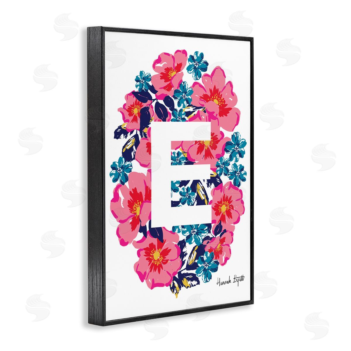 Floral Bloom Letter E Black Frame Print Wall Art, Home Decor by Hannah Louise Byatt