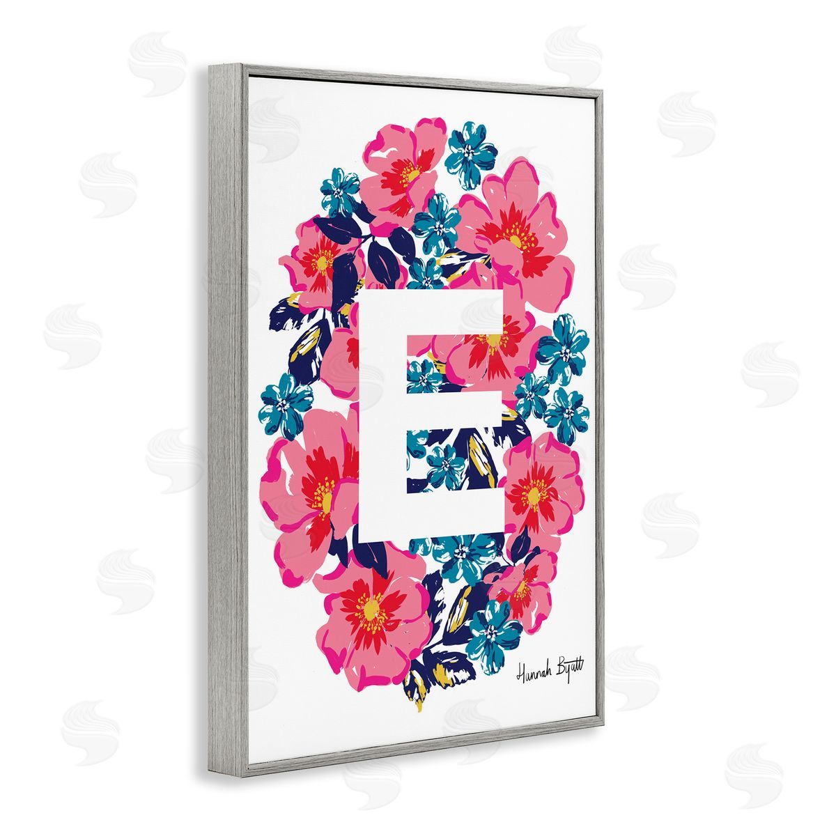 Floral Bloom Letter E Grey Frame Print Wall Art, Home Decor by Hannah Louise Byatt