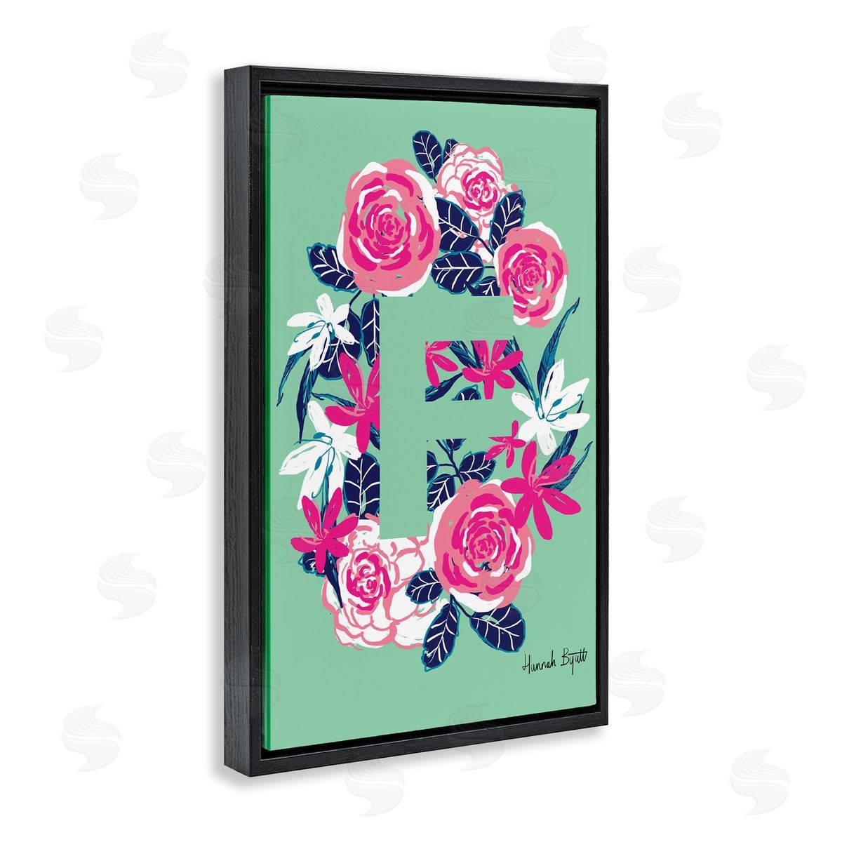 Floral Bloom Letter F Black Floating Frame Canvas Wall Art, Home Decor by Hannah Louise Byatt