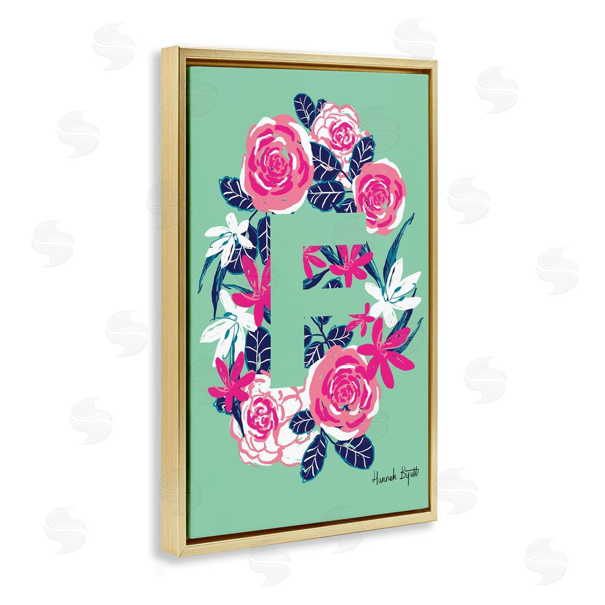 Floral Bloom Letter F Gold Floating Frame Canvas Wall Art, Home Decor by Hannah Louise Byatt