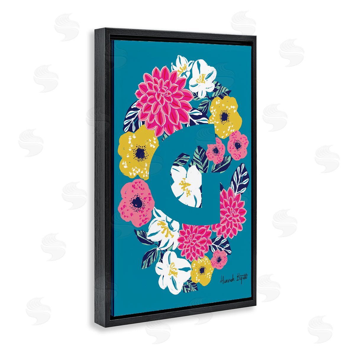 Floral Bloom Letter G Black Floating Frame Canvas Wall Art, Home Decor by Hannah Louise Byatt
