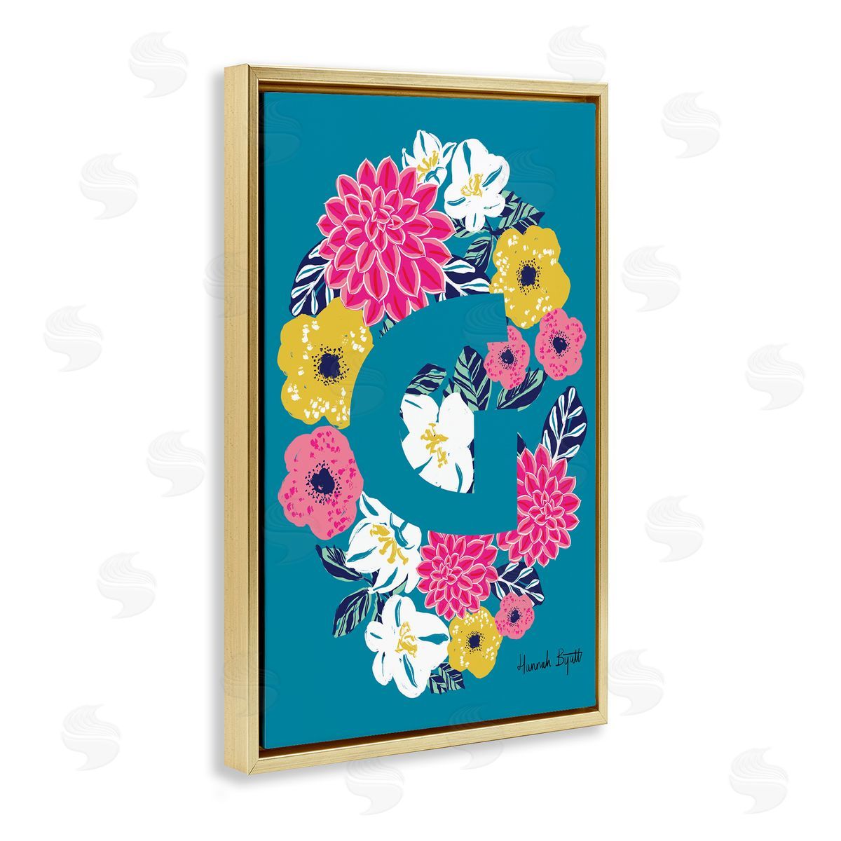 Floral Bloom Letter G Gold Floating Frame Canvas Wall Art, Home Decor by Hannah Louise Byatt