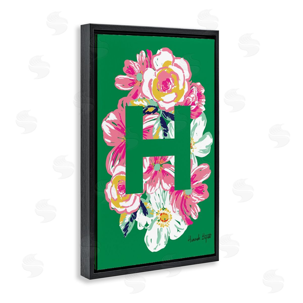 Floral Bloom Letter H Black Floating Frame Canvas Wall Art, Home Decor by Hannah Louise Byatt