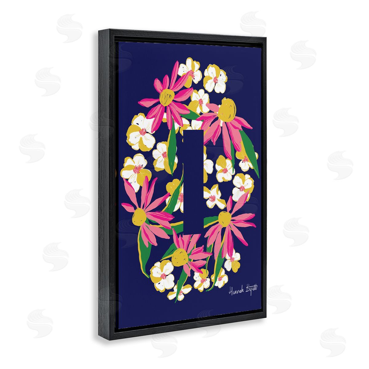Floral Bloom Letter I Black Floating Frame Canvas Wall Art, Home Decor by Hannah Louise Byatt