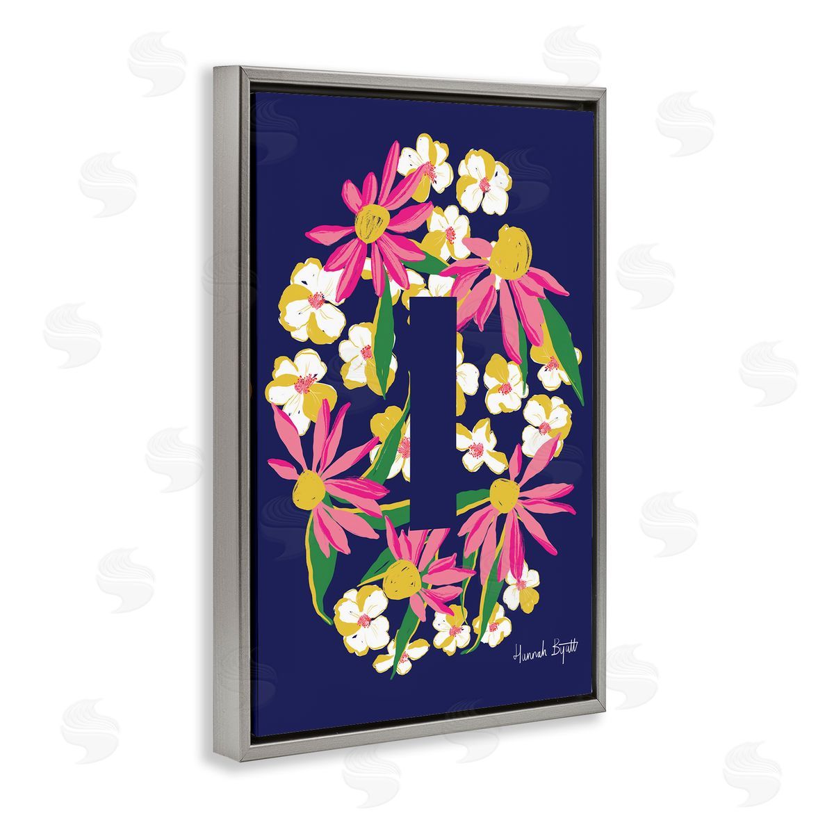 Floral Bloom Letter I Grey Floating Frame Canvas Wall Art, Home Decor by Hannah Louise Byatt