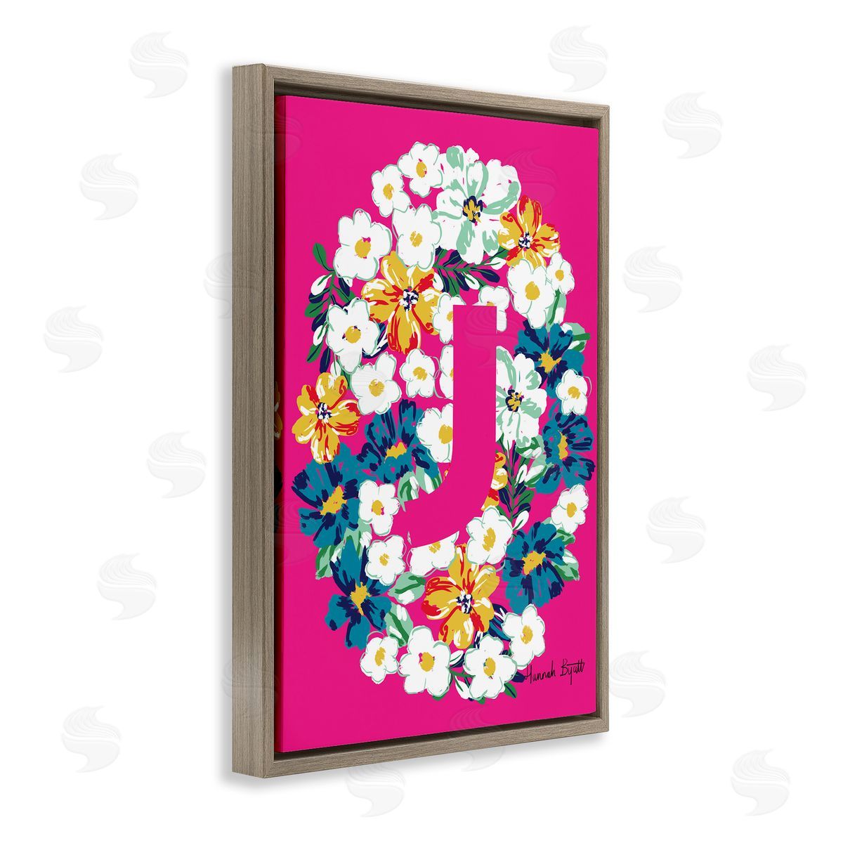 Floral Bloom Letter J Brown Floating Frame Canvas Wall Art, Home Decor by Hannah Louise Byatt
