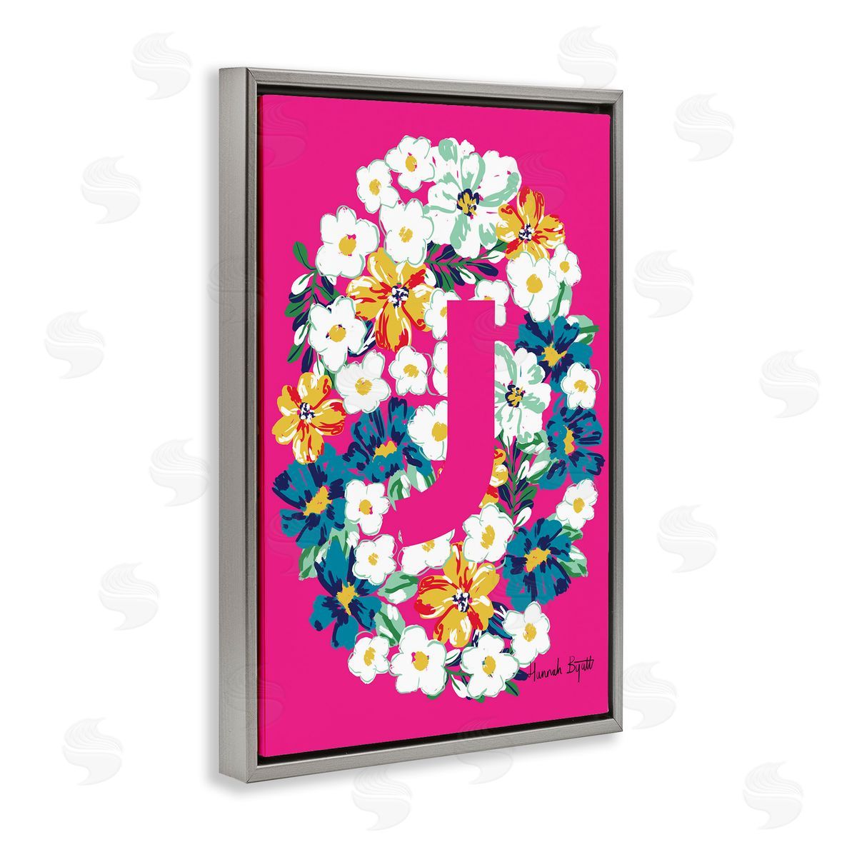 Floral Bloom Letter J Grey Floating Frame Canvas Wall Art, Home Decor by Hannah Louise Byatt