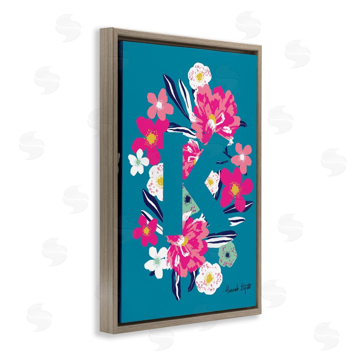 Floral Bloom Letter K Brown Floating Frame Canvas Wall Art, Home Decor by Hannah Louise Byatt