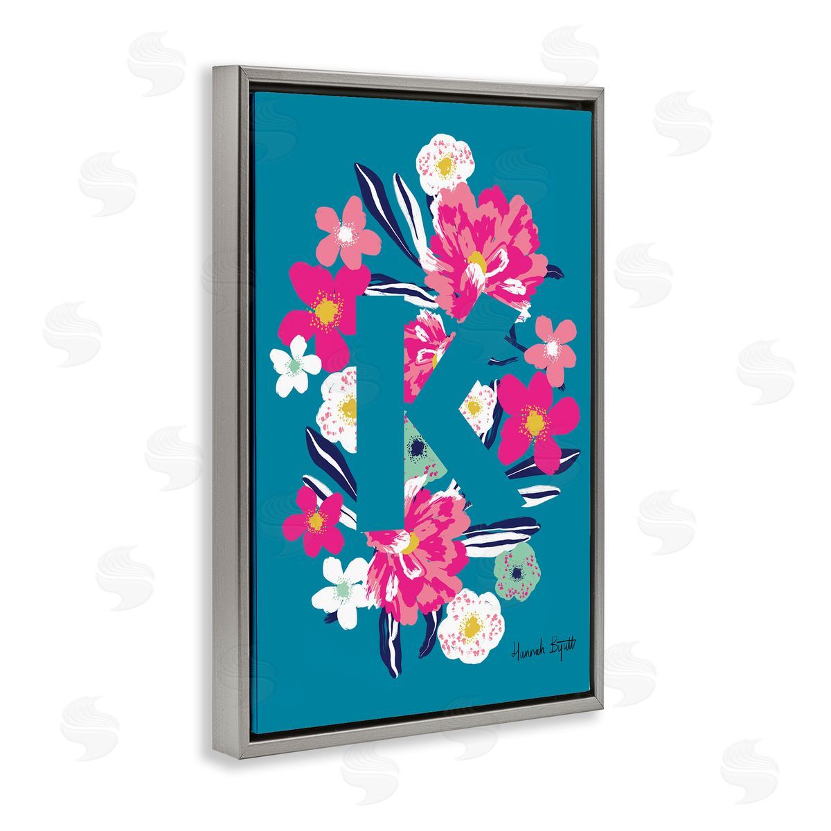 Floral Bloom Letter K Grey Floating Frame Canvas Wall Art, Home Decor by Hannah Louise Byatt