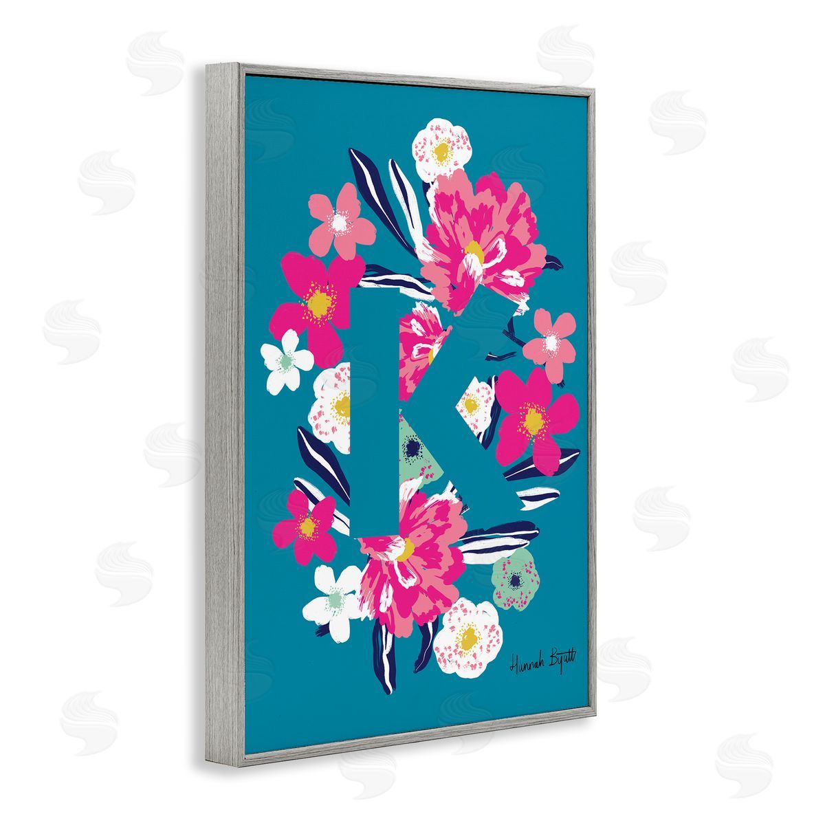 Floral Bloom Letter K Grey Frame Print Wall Art, Home Decor by Hannah Louise Byatt