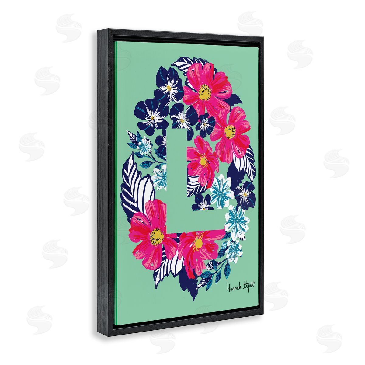 Floral Bloom Letter L Black Floating Frame Canvas Wall Art, Home Decor by Hannah Louise Byatt