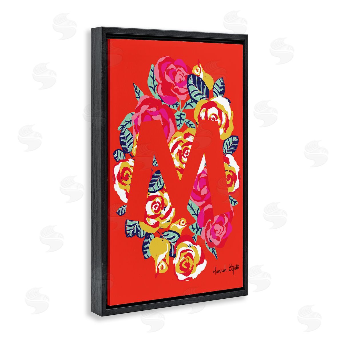 Floral Bloom Letter M Black Floating Frame Canvas Wall Art, Home Decor by Hannah Louise Byatt