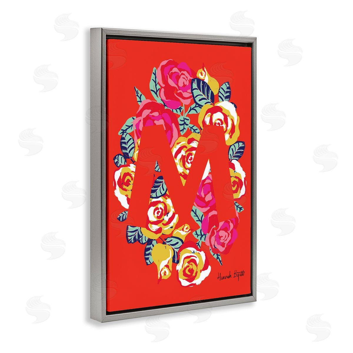 Floral Bloom Letter M Grey Floating Frame Canvas Wall Art, Home Decor by Hannah Louise Byatt
