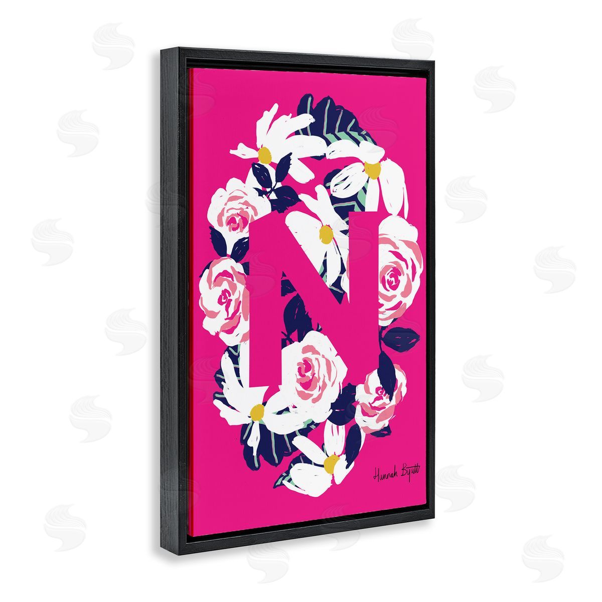 Floral Bloom Letter N Black Floating Frame Canvas Wall Art, Home Decor by Hannah Louise Byatt