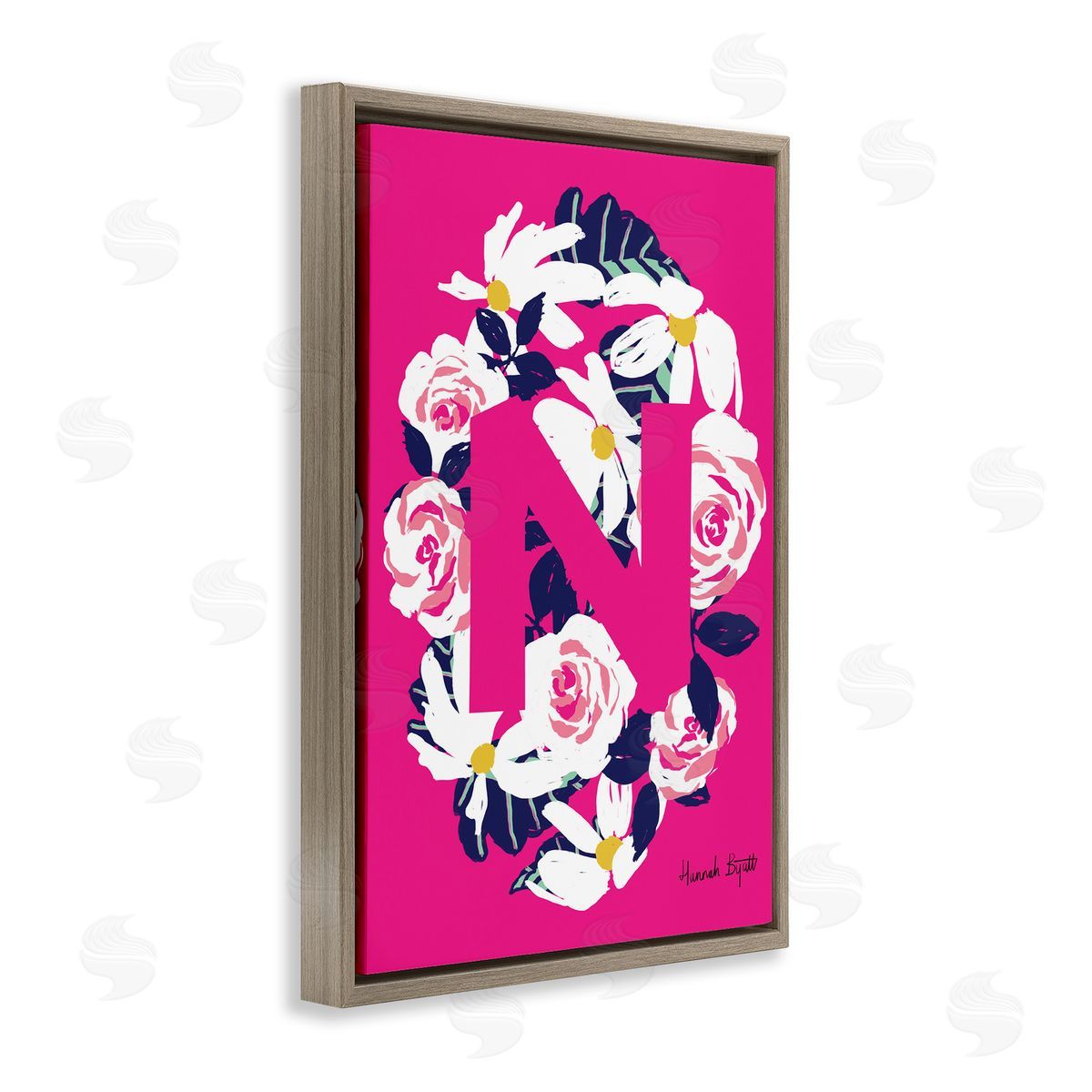 Floral Bloom Letter N Brown Floating Frame Canvas Wall Art, Home Decor by Hannah Louise Byatt
