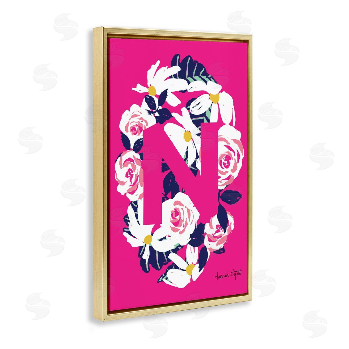 Floral Bloom Letter N Gold Floating Frame Canvas Wall Art, Home Decor by Hannah Louise Byatt