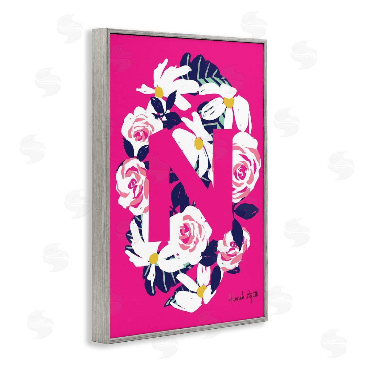 Floral Bloom Letter N Grey Frame Print Wall Art, Home Decor by Hannah Louise Byatt