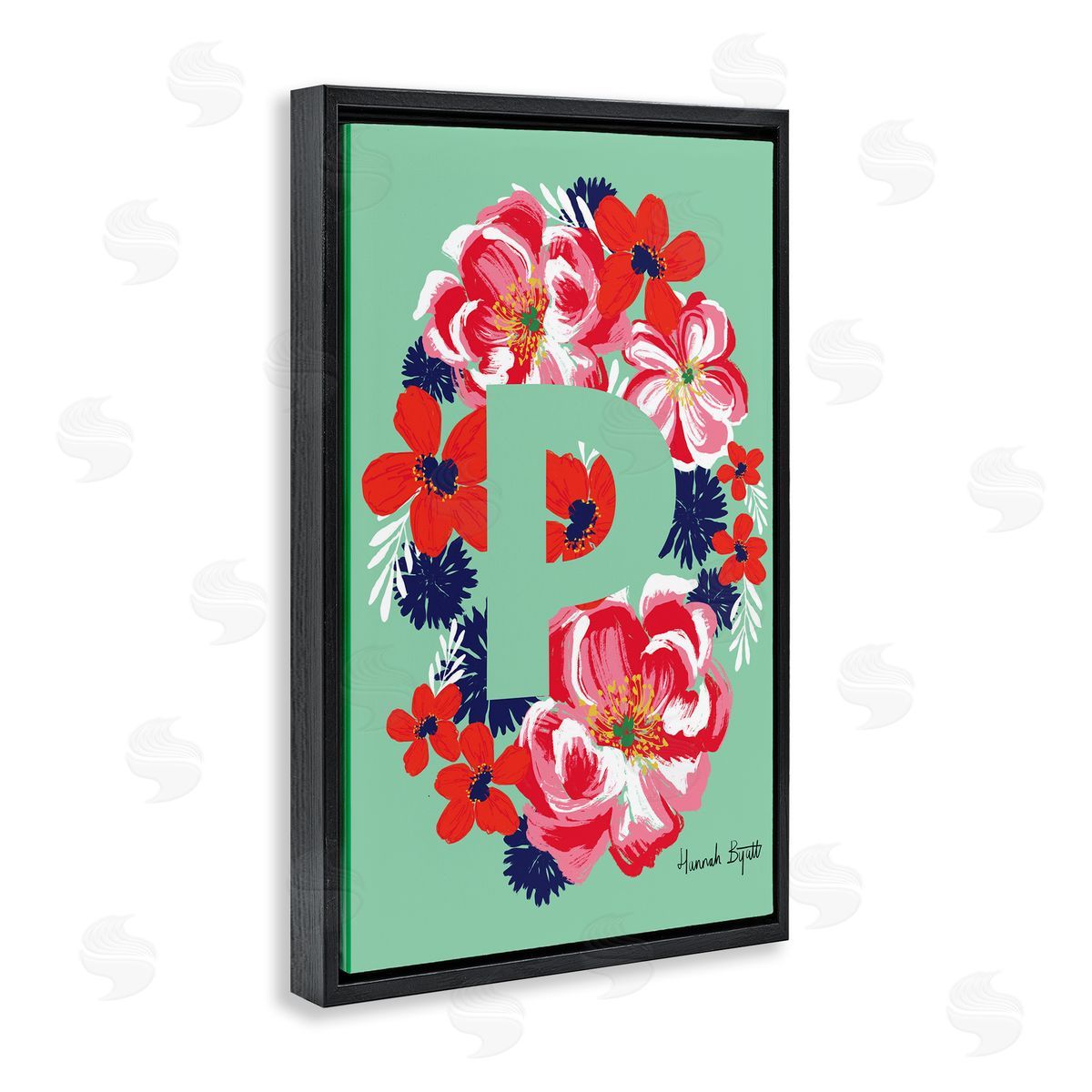 Floral Bloom Letter P Black Floating Frame Canvas Wall Art, Home Decor by Hannah Louise Byatt