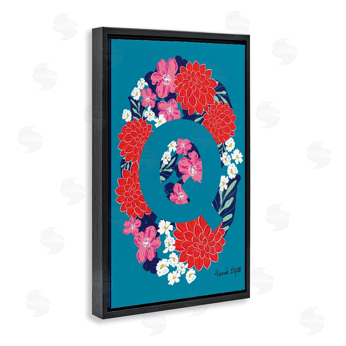 Floral Bloom Letter Q Black Floating Frame Canvas Wall Art, Home Decor by Hannah Louise Byatt