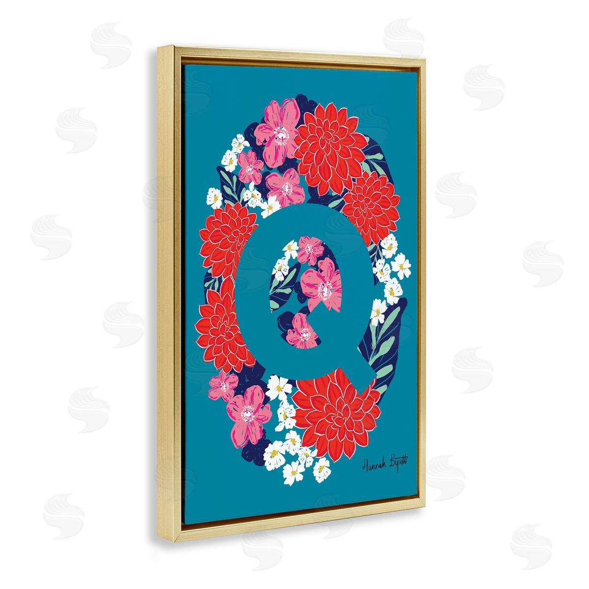Floral Bloom Letter Q Gold Floating Frame Canvas Wall Art, Home Decor by Hannah Louise Byatt