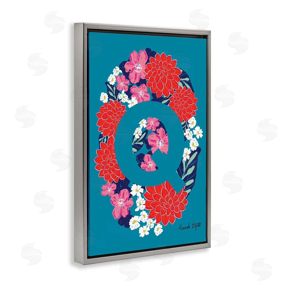 Floral Bloom Letter Q Grey Floating Frame Canvas Wall Art, Home Decor by Hannah Louise Byatt