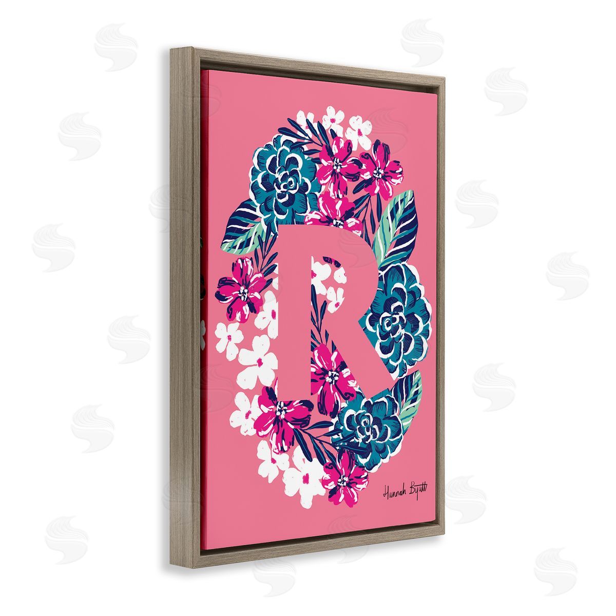 Floral Bloom Letter R Brown Floating Frame Canvas Wall Art, Home Decor by Hannah Louise Byatt