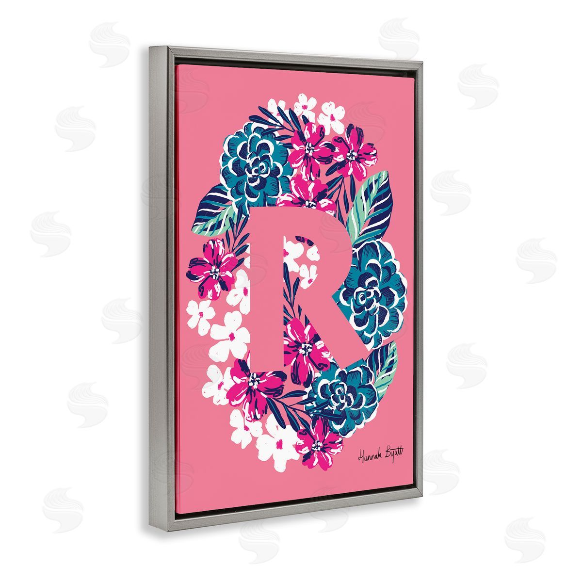 Floral Bloom Letter R Grey Floating Frame Canvas Wall Art, Home Decor by Hannah Louise Byatt