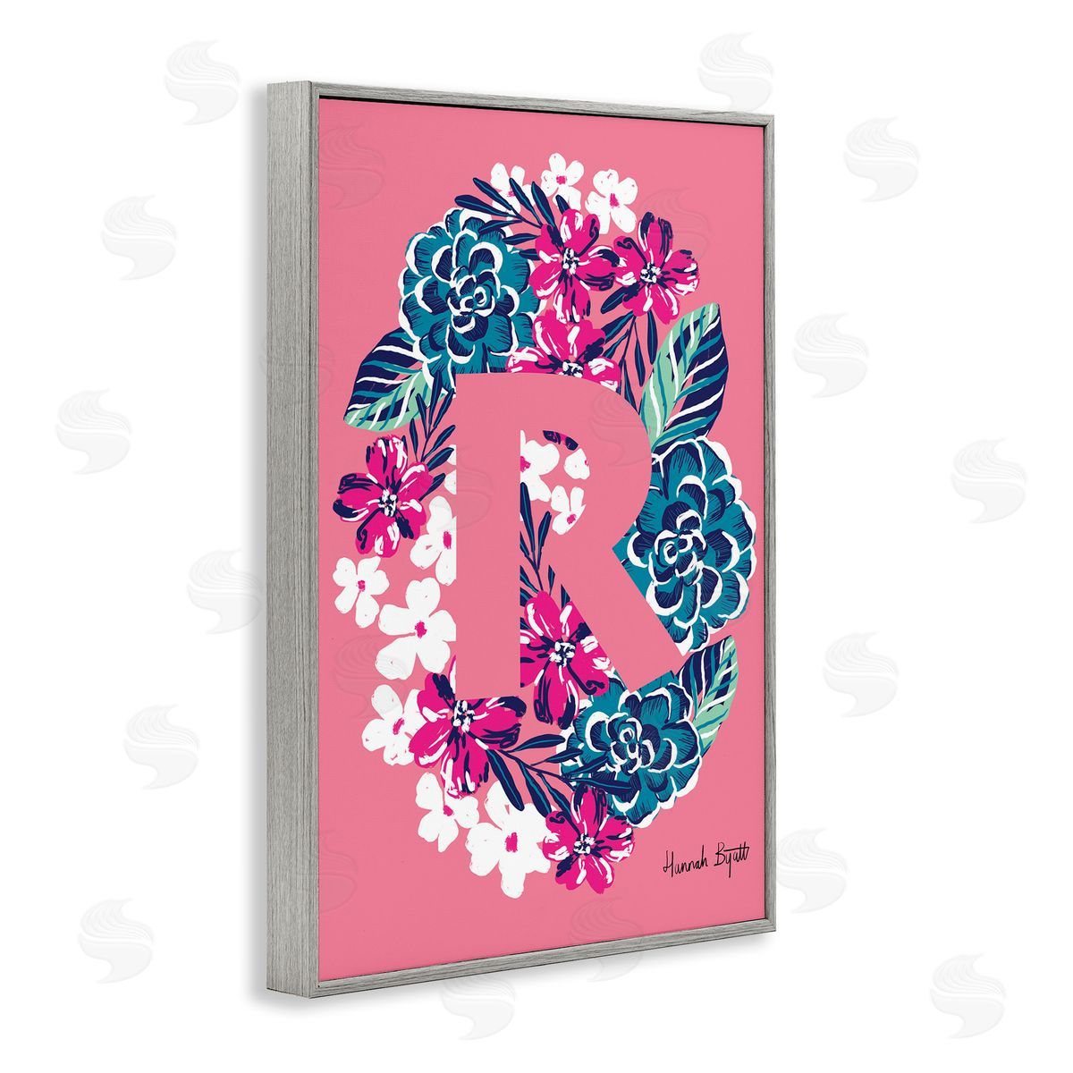 Floral Bloom Letter R Grey Frame Print Wall Art, Home Decor by Hannah Louise Byatt