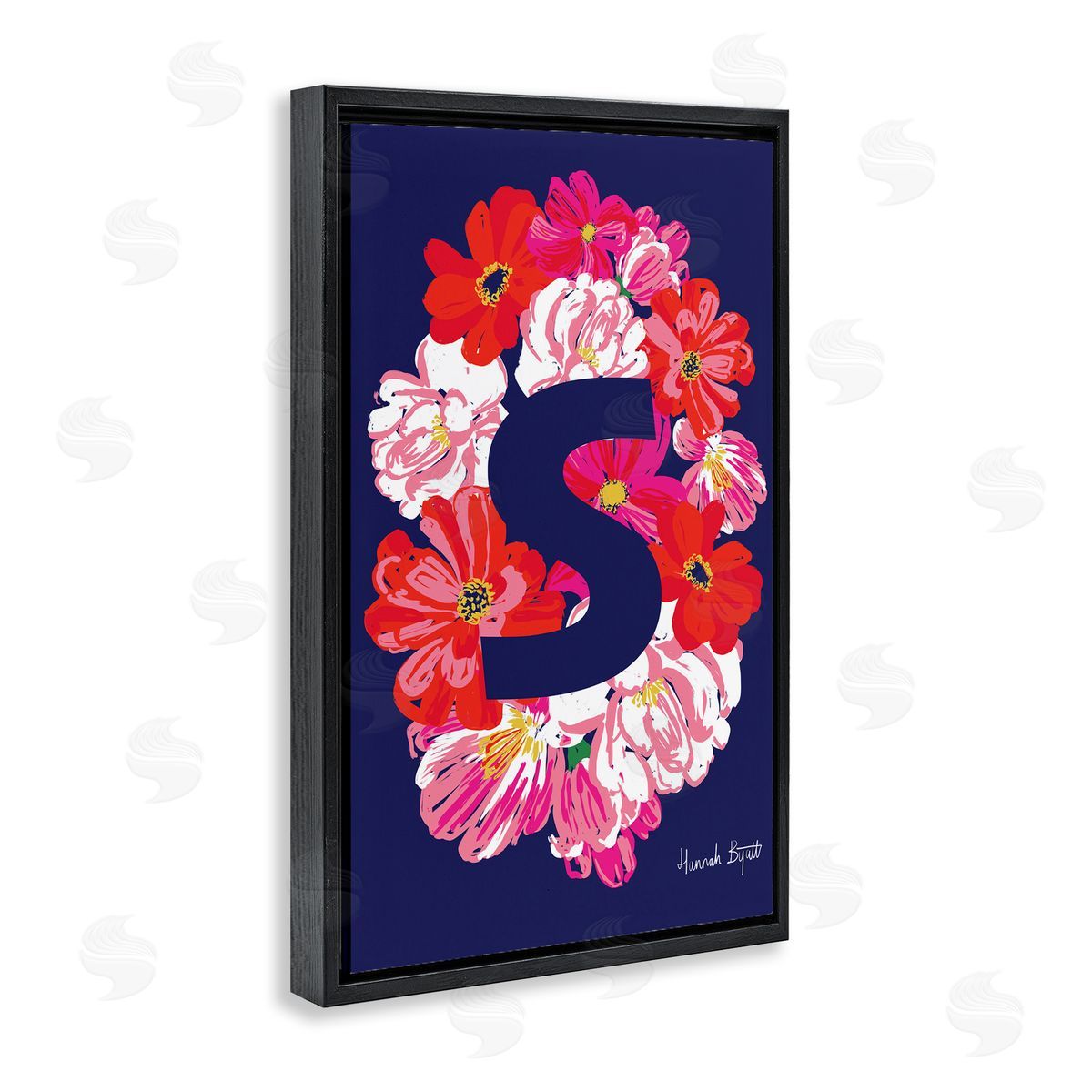 Floral Bloom Letter S Black Floating Frame Canvas Wall Art, Home Decor by Hannah Louise Byatt