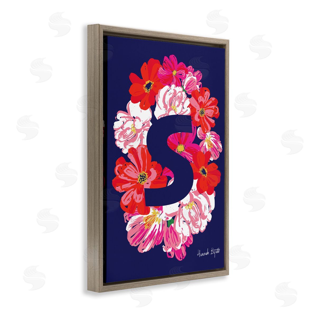 Floral Bloom Letter S Brown Floating Frame Canvas Wall Art, Home Decor by Hannah Louise Byatt