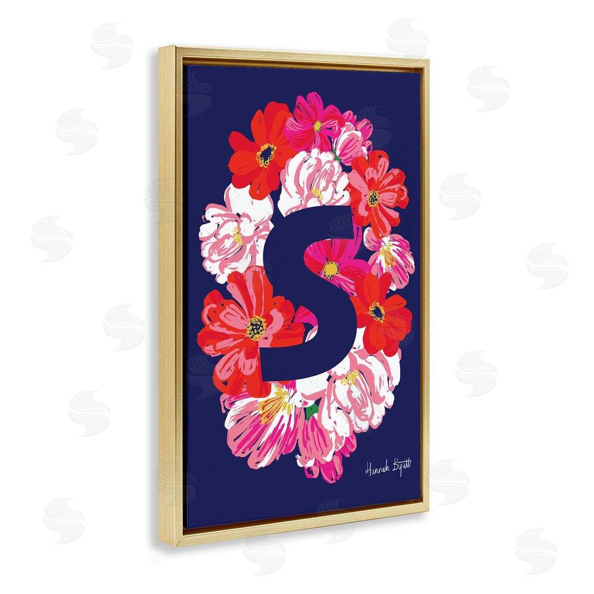 Floral Bloom Letter S Gold Floating Frame Canvas Wall Art, Home Decor by Hannah Louise Byatt
