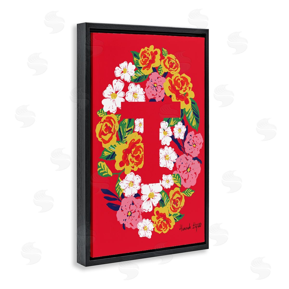 Floral Bloom Letter T Black Floating Frame Canvas Wall Art, Home Decor by Hannah Louise Byatt