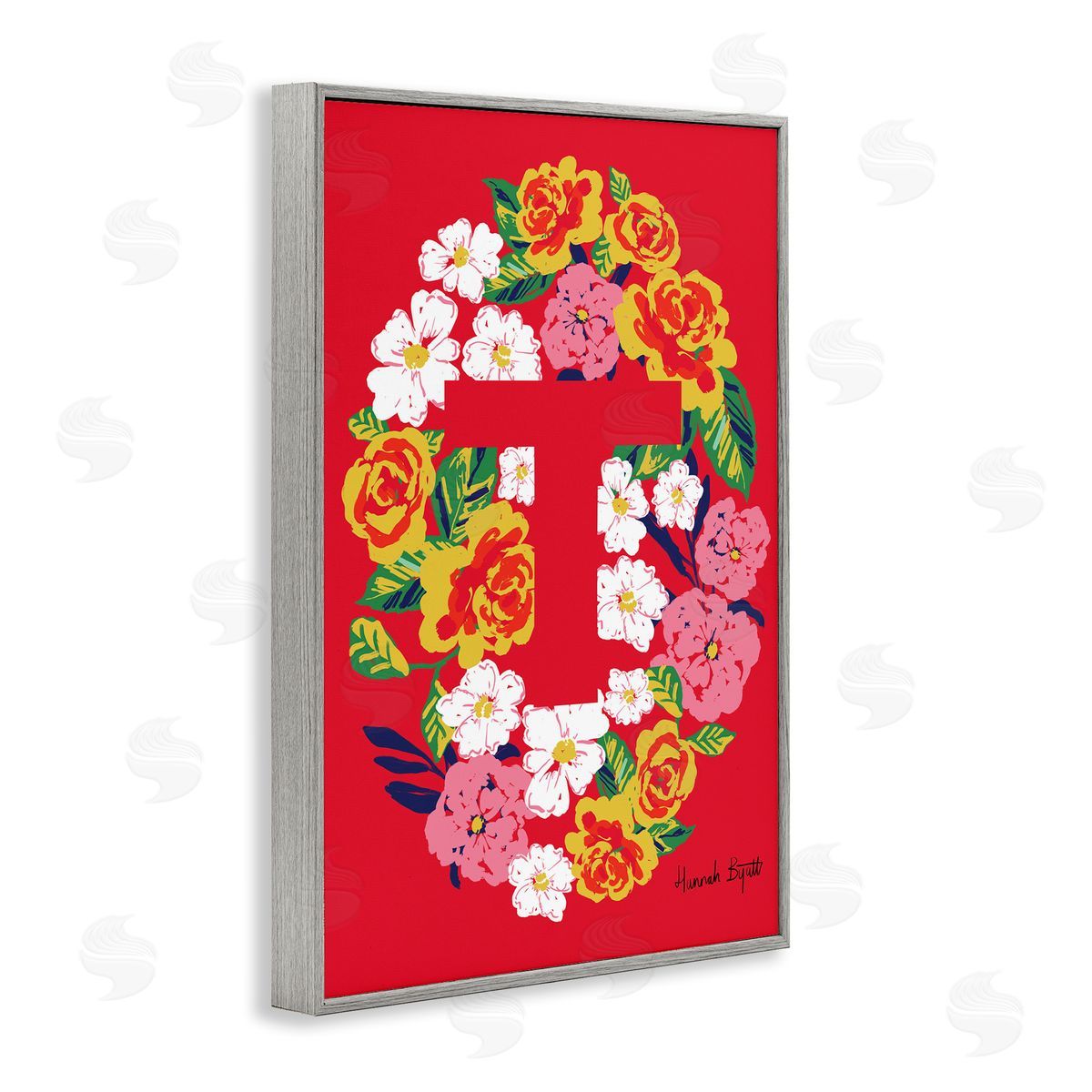 Floral Bloom Letter T Grey Frame Print Wall Art, Home Decor by Hannah Louise Byatt