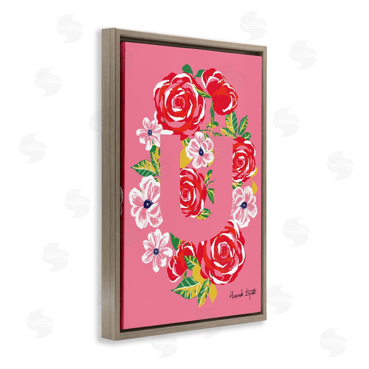 Floral Bloom Letter U Brown Floating Frame Canvas Wall Art, Home Decor by Hannah Louise Byatt