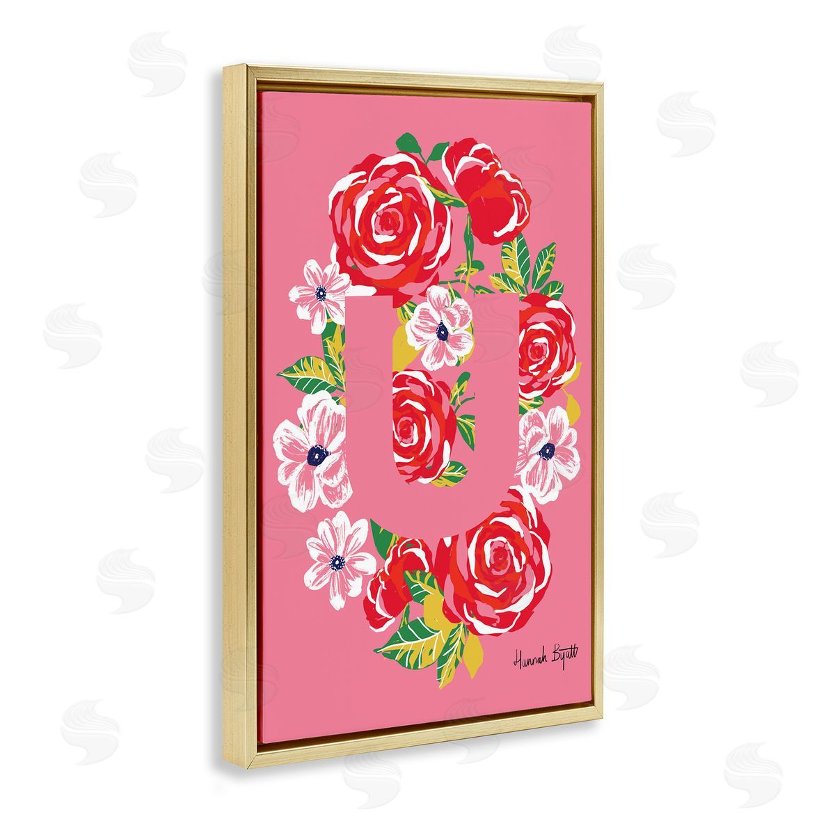 Floral Bloom Letter U Gold Floating Frame Canvas Wall Art, Home Decor by Hannah Louise Byatt