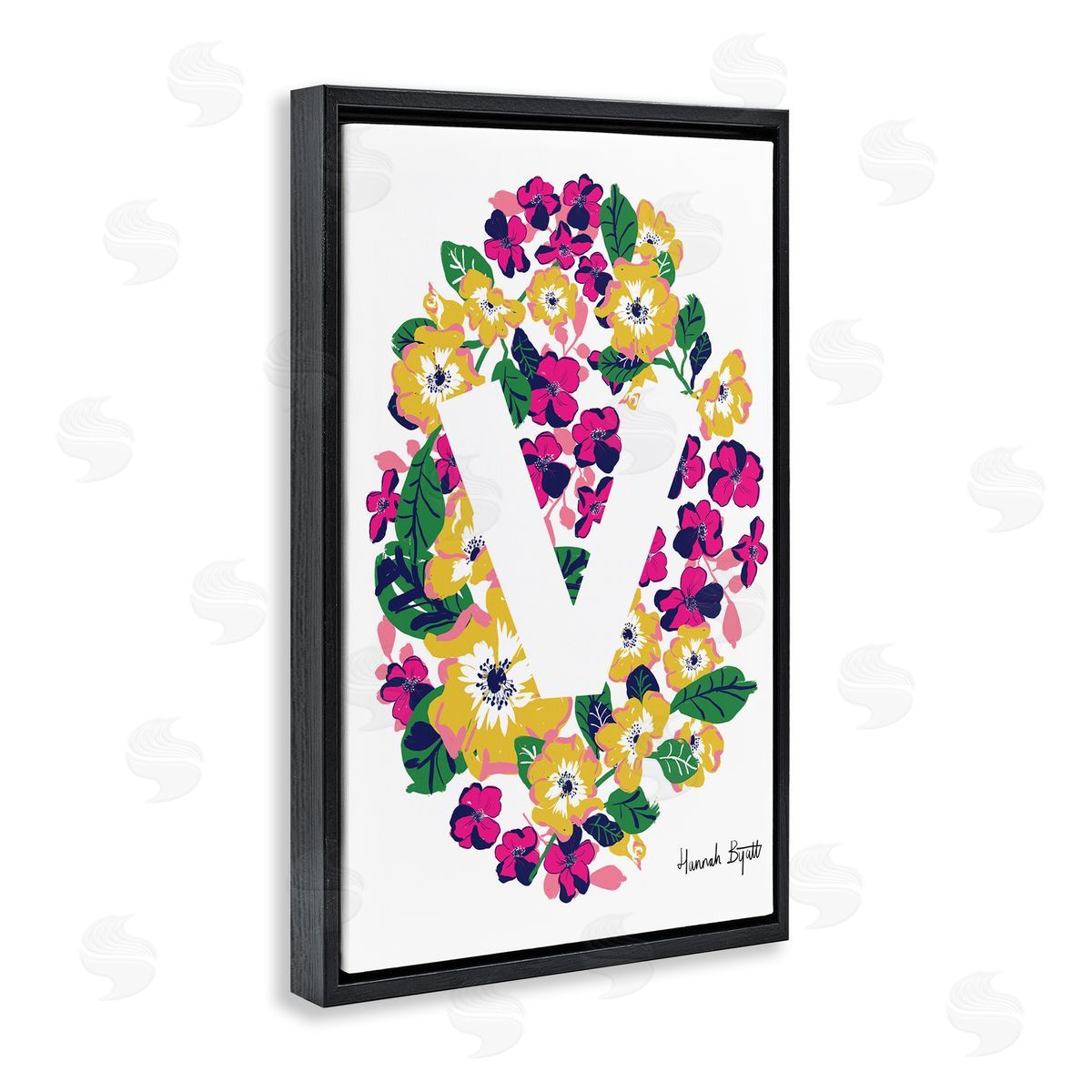 Floral Bloom Letter V Black Floating Frame Canvas Wall Art, Home Decor by Hannah Louise Byatt