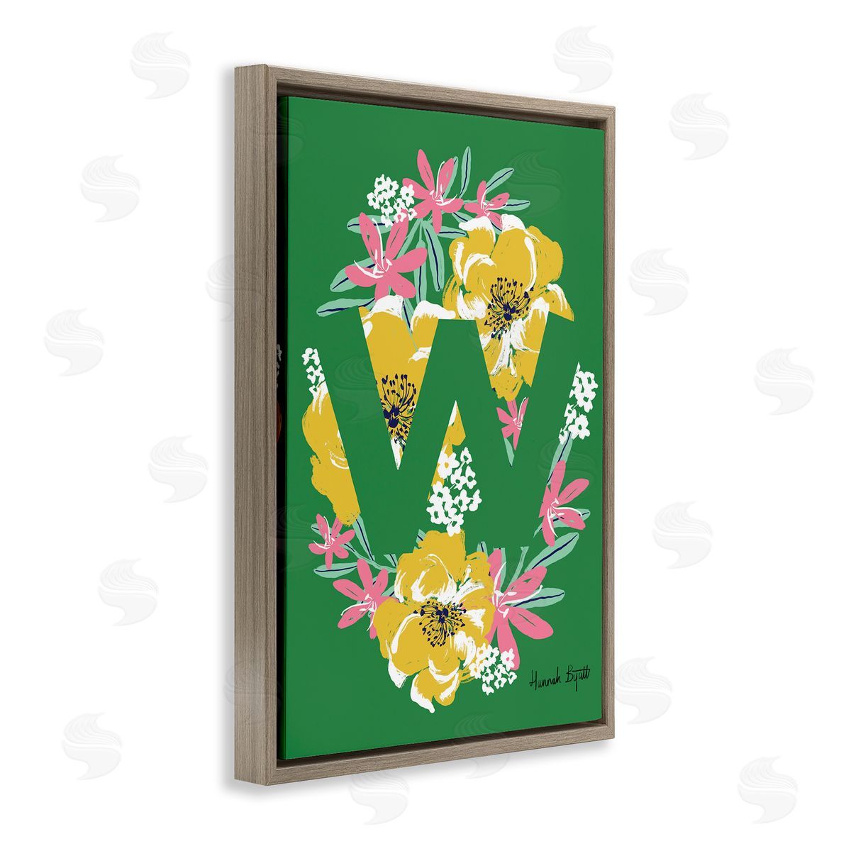 Floral Bloom Letter W Brown Floating Frame Canvas Wall Art, Home Decor by Hannah Louise Byatt