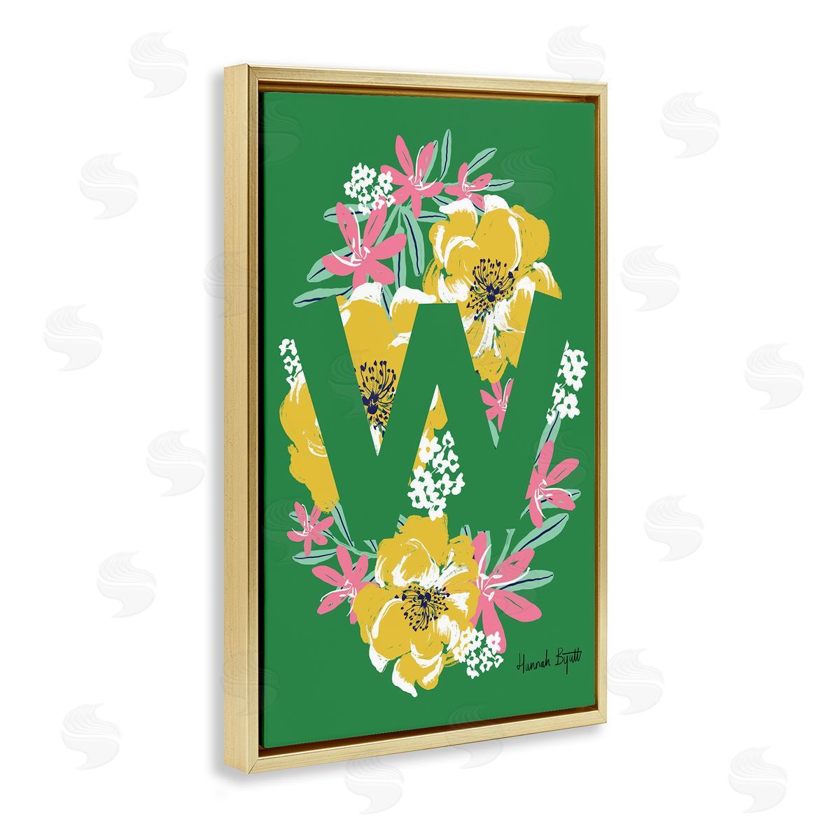 Floral Bloom Letter W Gold Floating Frame Canvas Wall Art, Home Decor by Hannah Louise Byatt