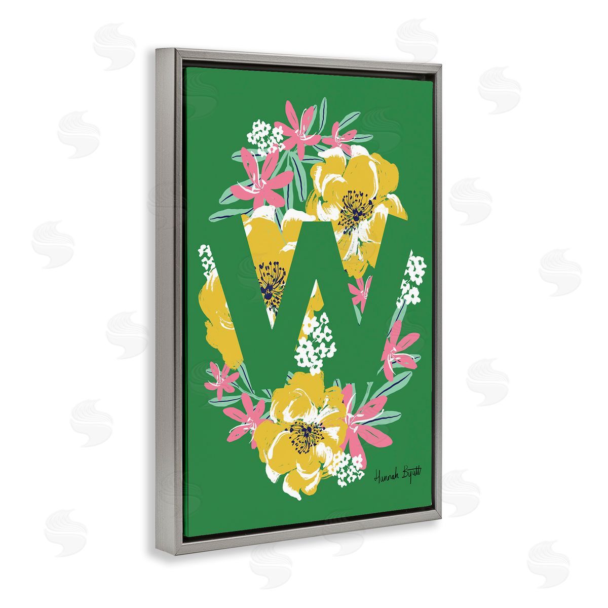 Floral Bloom Letter W Grey Floating Frame Canvas Wall Art, Home Decor by Hannah Louise Byatt