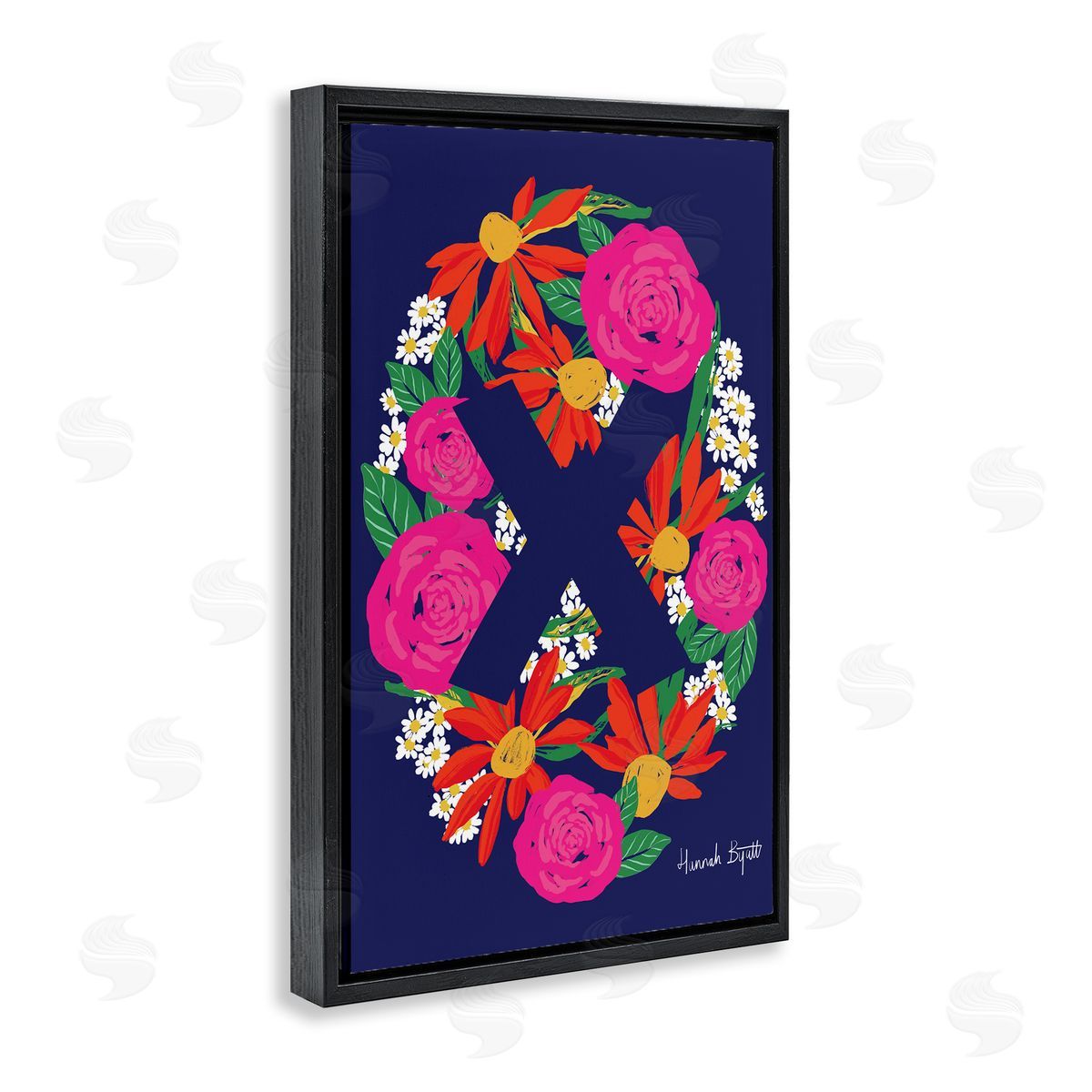 Floral Bloom Letter X Black Floating Frame Canvas Wall Art, Home Decor by Hannah Louise Byatt