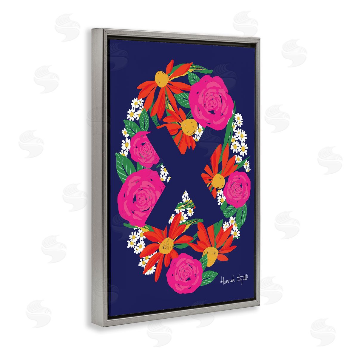 Floral Bloom Letter X Grey Floating Frame Canvas Wall Art, Home Decor by Hannah Louise Byatt