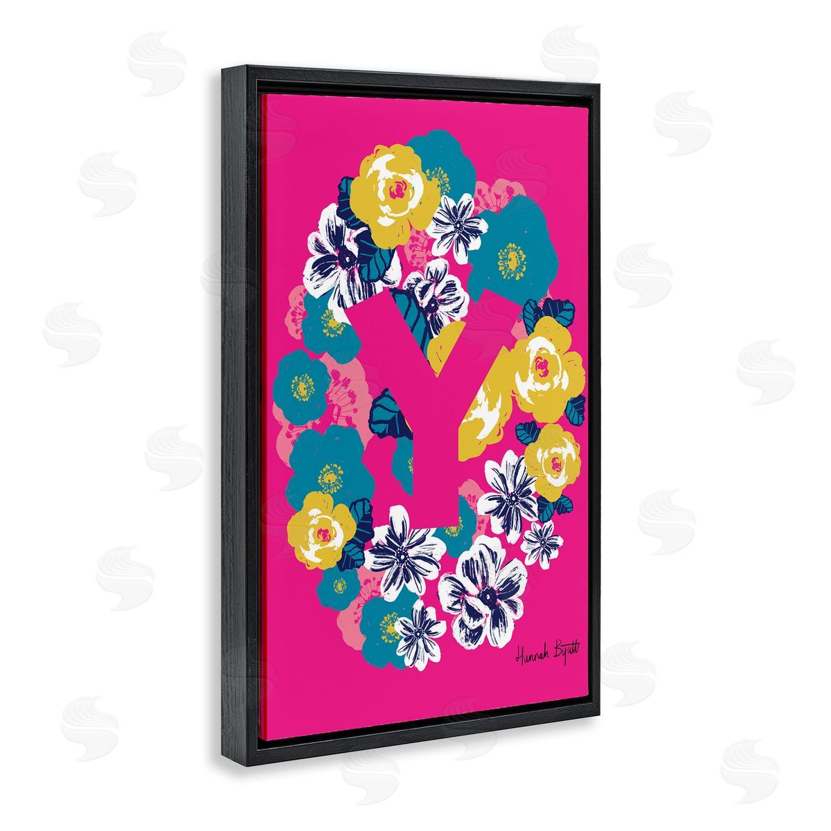 Floral Bloom Letter Y Black Floating Frame Canvas Wall Art, Home Decor by Hannah Louise Byatt
