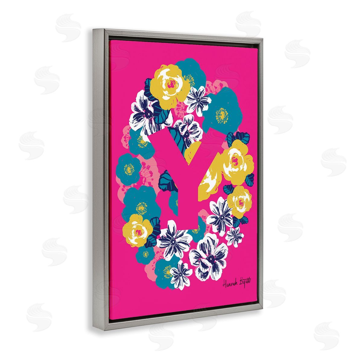 Floral Bloom Letter Y Grey Floating Frame Canvas Wall Art, Home Decor by Hannah Louise Byatt