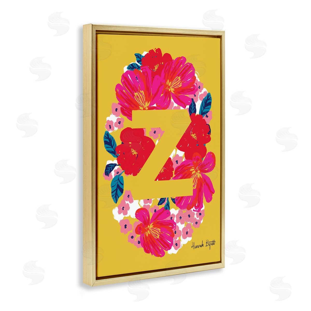 Floral Bloom Letter Z Gold Floating Frame Canvas Wall Art, Home Decor by Hannah Louise Byatt
